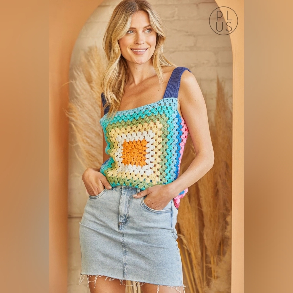 Andree by Unit rainbow crochet boho granny square tank top
